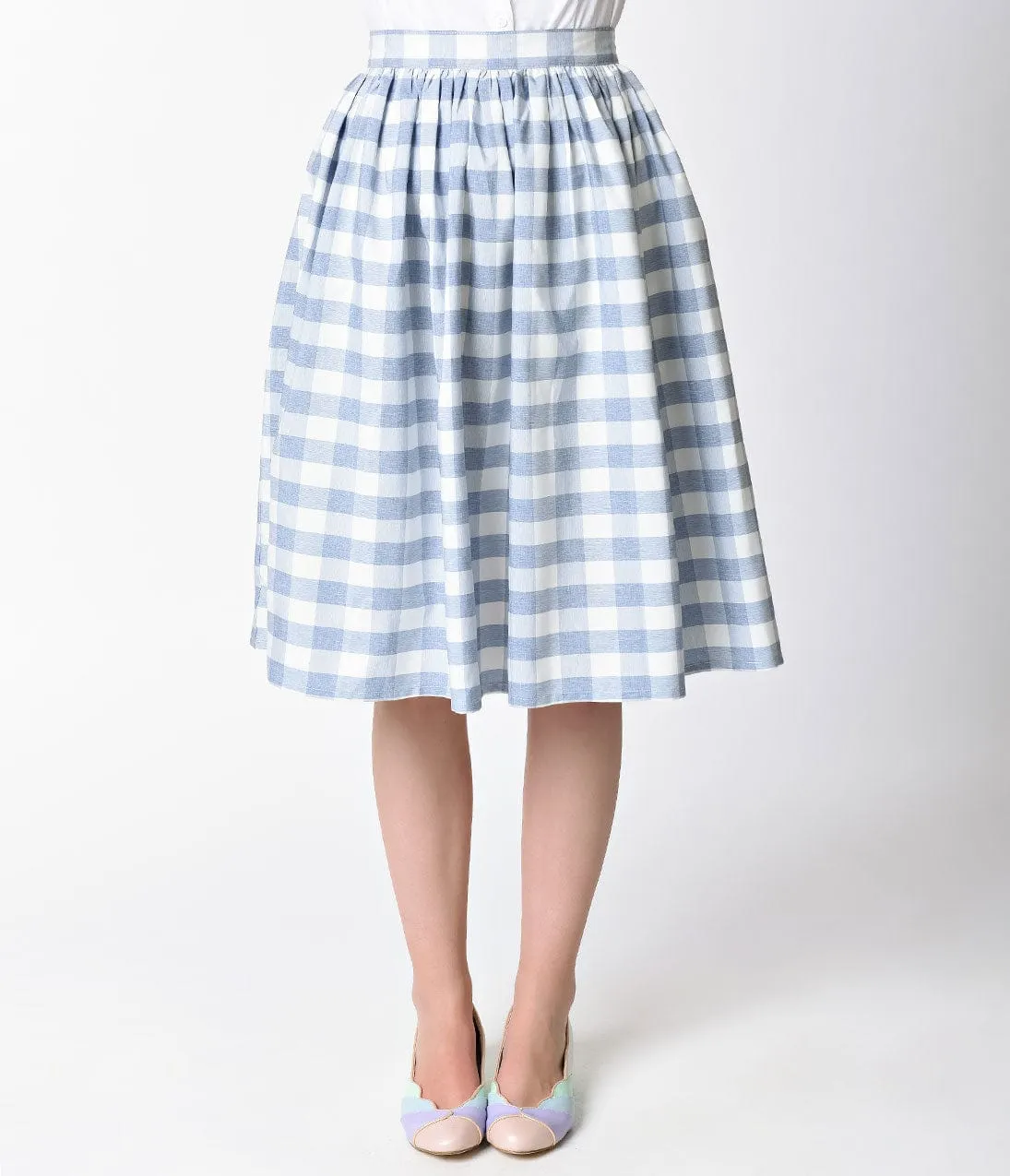 Unique Vintage 1950s Light Blue & White Gingham High Waist Swing Skirt sold by Unique Vintage product image thumbnail 2