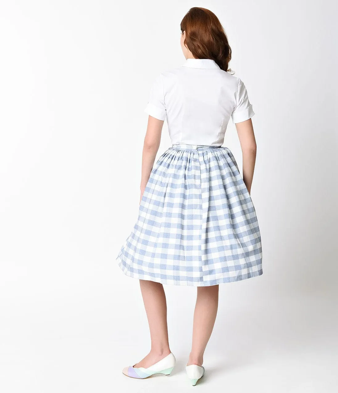 Unique Vintage 1950s Light Blue & White Gingham High Waist Swing Skirt sold by Unique Vintage product image thumbnail 3