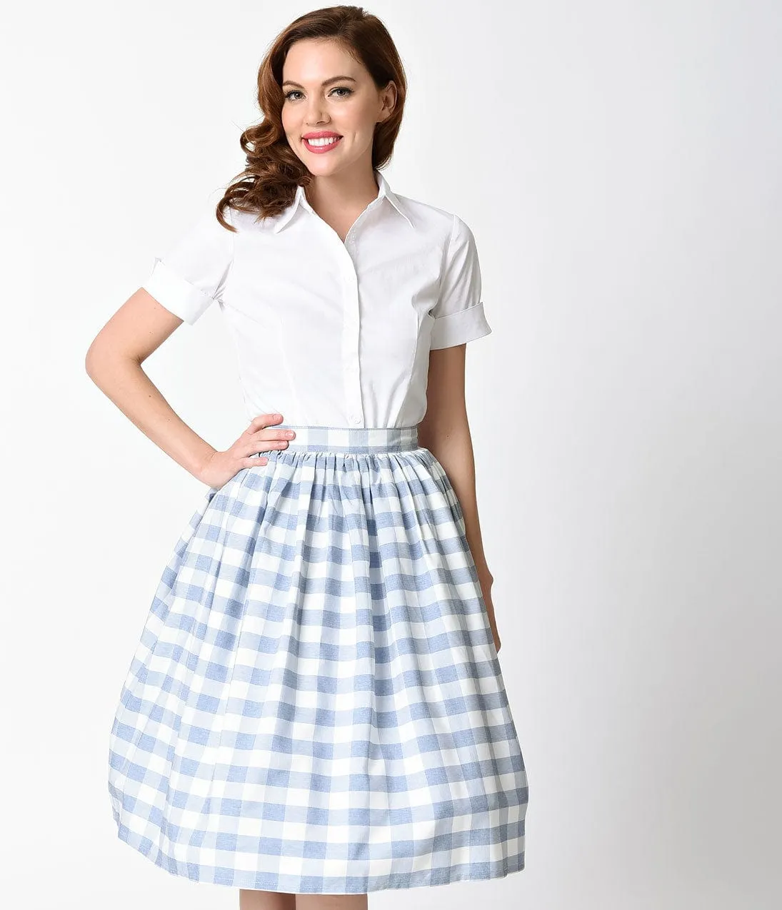 Unique Vintage 1950s Light Blue & White Gingham High Waist Swing Skirt sold by Unique Vintage product image thumbnail 4