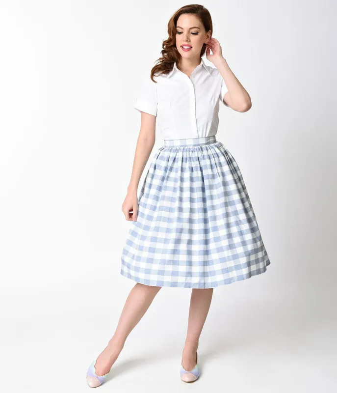 Unique Vintage 1950s Light Blue & White Gingham High Waist Swing Skirt made by Unique Vintage