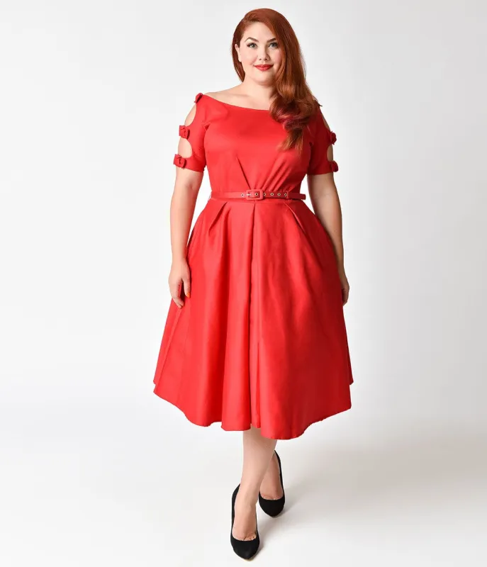 Unique Vintage Plus Size 1950s Red Cotton Bow Sleeve Selma Swing Dress made by Unique Vintage