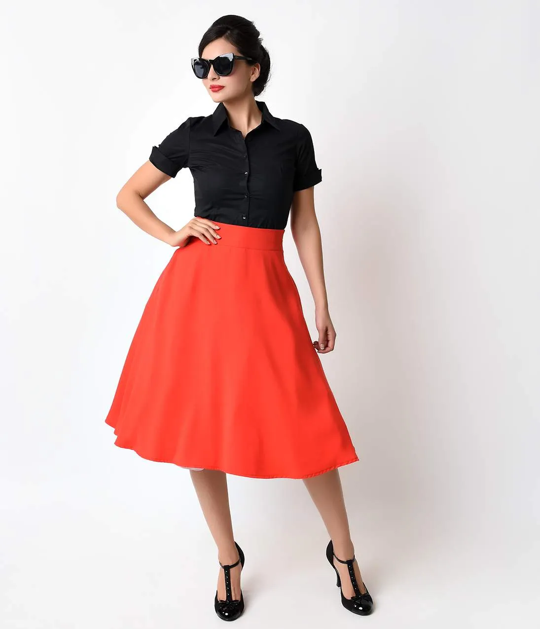 Unique Vintage Retro Style Tomato Red High Waist Vivien Swing Skirt sold by Unique Vintage