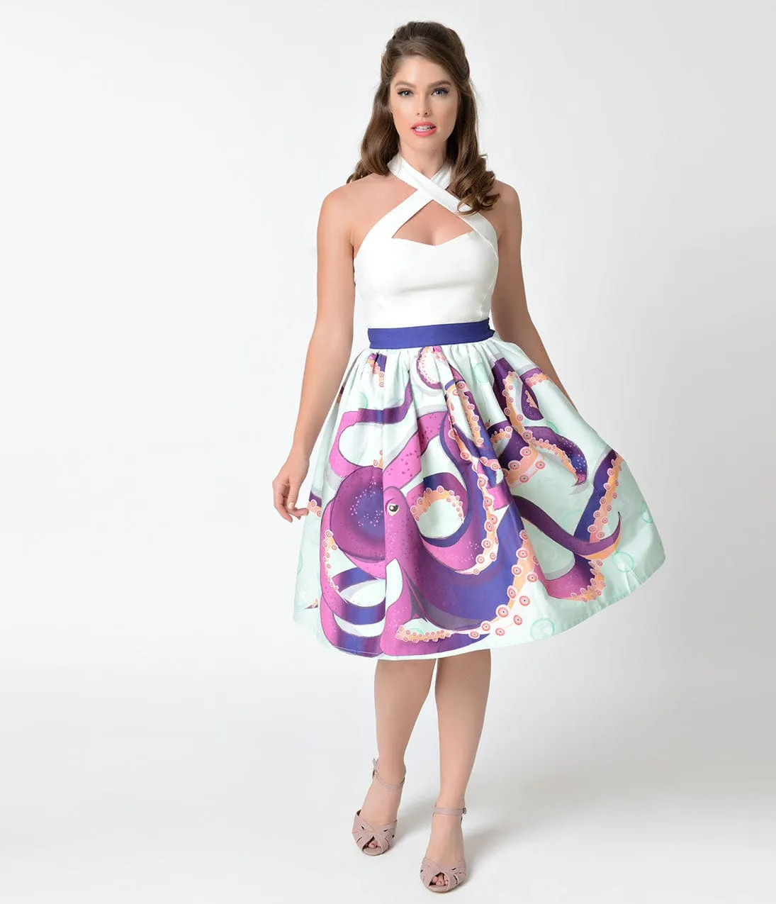 Unique Vintage 1950s Style Purple Octopus High Waist Swing Skirt sold by Unique Vintage product image thumbnail 3
