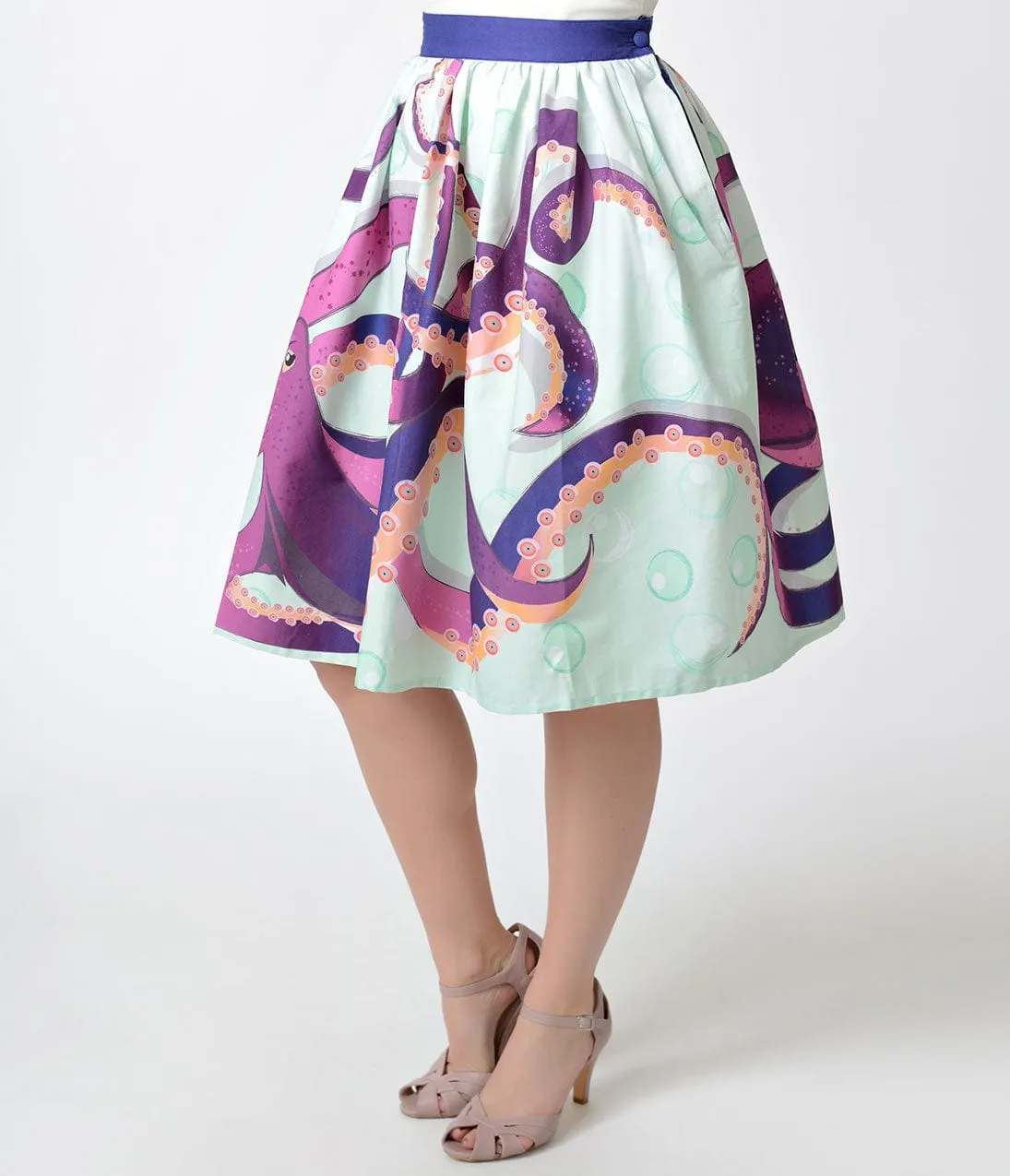Unique Vintage 1950s Style Purple Octopus High Waist Swing Skirt sold by Unique Vintage product image thumbnail 2