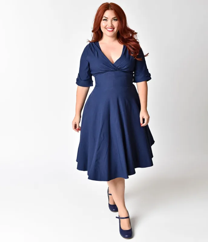 Unique Vintage Plus Size 1950s Navy Blue Delores Swing Dress with Sleeves sold by Unique Vintage