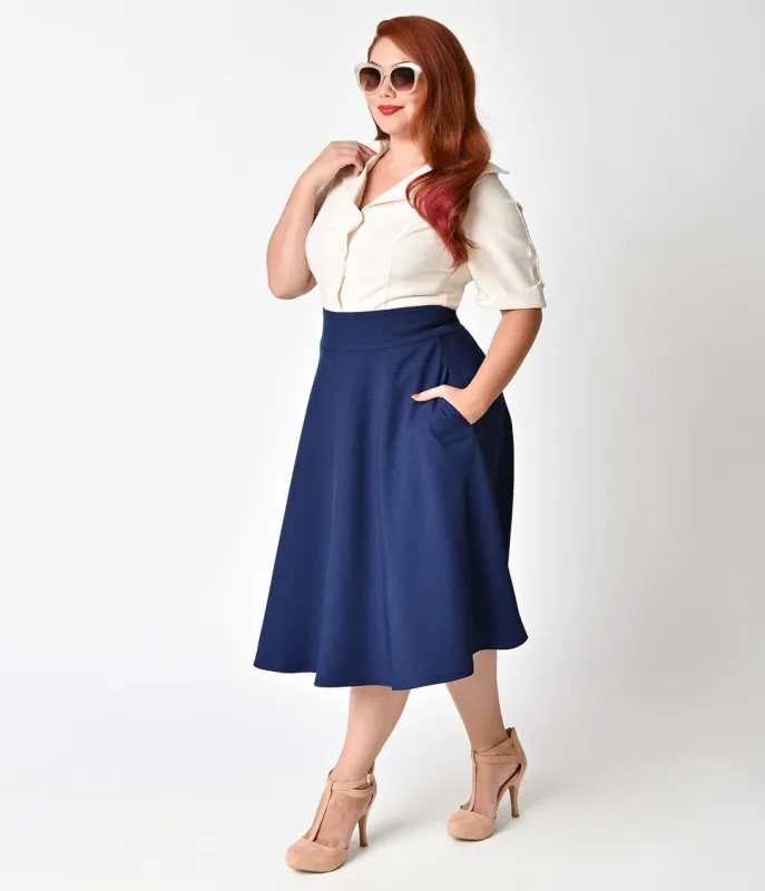 Unique Vintage Plus Size Retro Style Navy Blue High Waist Vivien Swing Skirt made by Unique Vintage