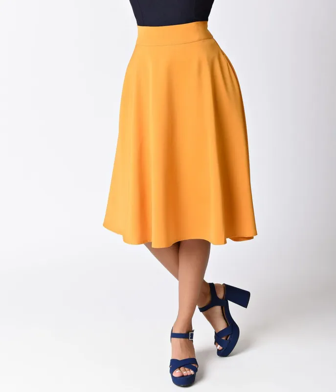 Unique Vintage Retro Style Mustard Yellow High Waist Vivien Swing Skirt sold by Unique Vintage