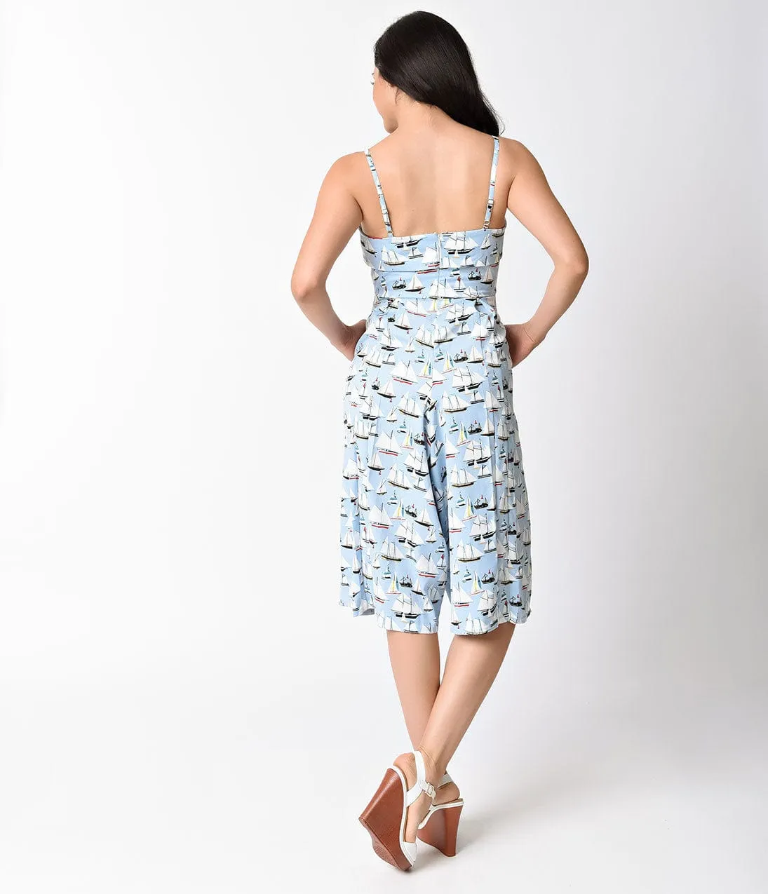 Unique Vintage Light Blue & Sailboat Print Wide Leg Nancy Romper sold by Unique Vintage product image thumbnail 2