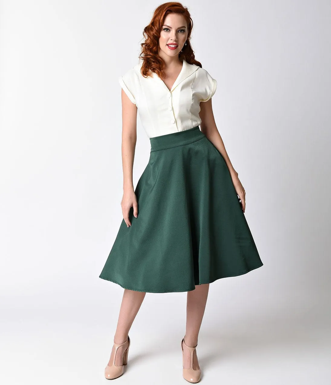 Unique Vintage Retro Style Emerald Green High Waist Vivien Swing Skirt sold by Unique Vintage product image thumbnail 3