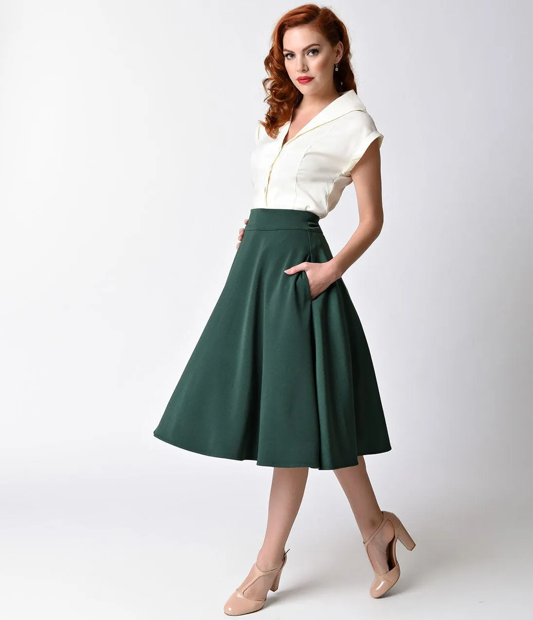Unique Vintage Retro Style Emerald Green High Waist Vivien Swing Skirt sold by Unique Vintage product image thumbnail 4