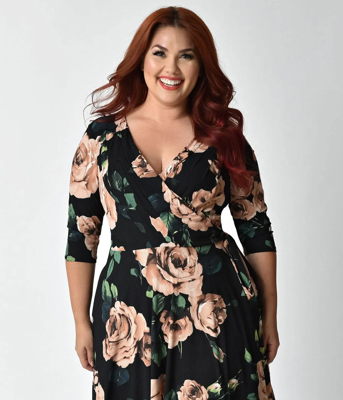 Unique Vintage Plus Size 1940s Style Black & Light Pink Roses Print Kelsie Wrap Dress sold by Unique Vintage product image thumbnail 4