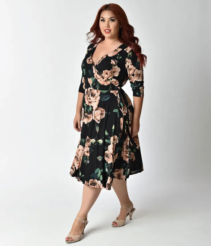 Unique Vintage Plus Size 1940s Style Black & Light Pink Roses Print Kelsie Wrap Dress made by Unique Vintage