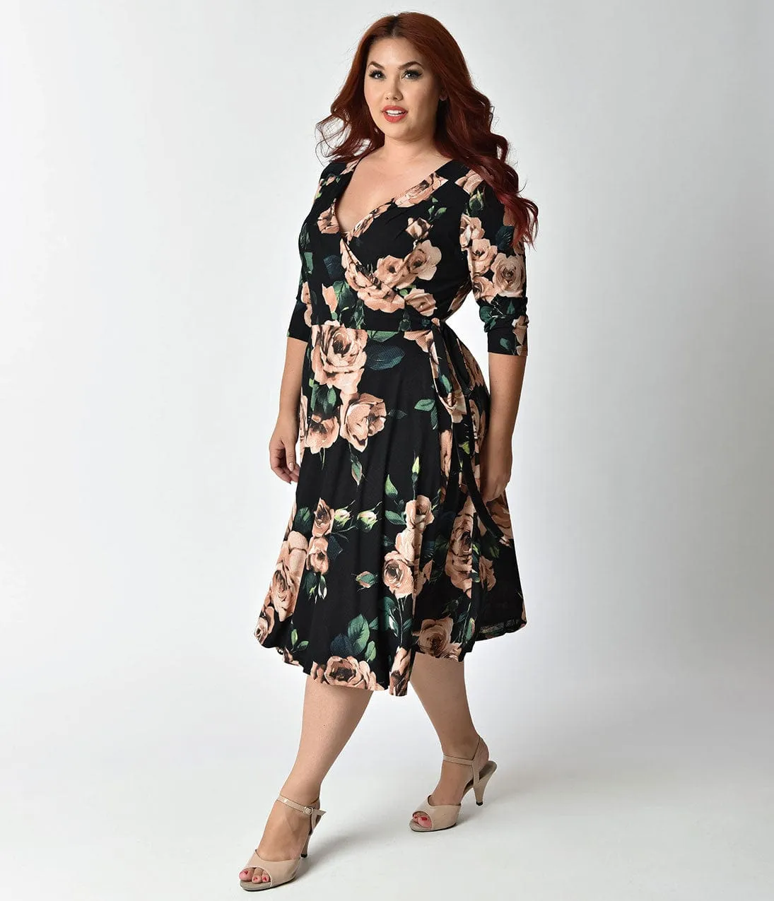 Unique Vintage Plus Size 1940s Style Black & Light Pink Roses Print Kelsie Wrap Dress sold by Unique Vintage