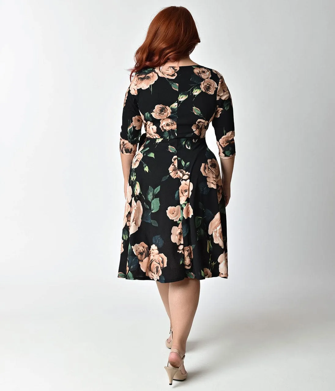Unique Vintage Plus Size 1940s Style Black & Light Pink Roses Print Kelsie Wrap Dress sold by Unique Vintage product image thumbnail 5