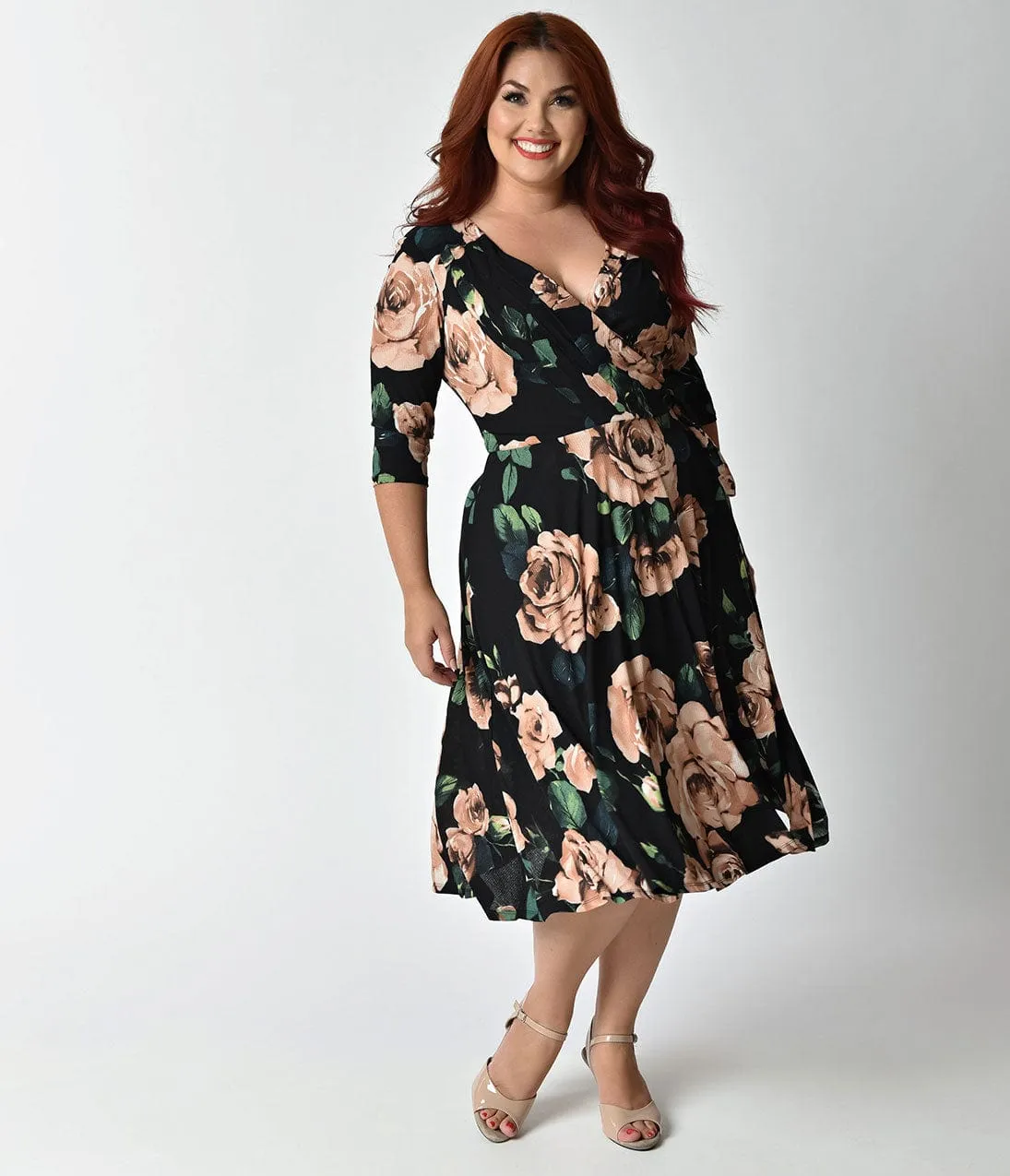 Unique Vintage Plus Size 1940s Style Black & Light Pink Roses Print Kelsie Wrap Dress sold by Unique Vintage product image thumbnail 3