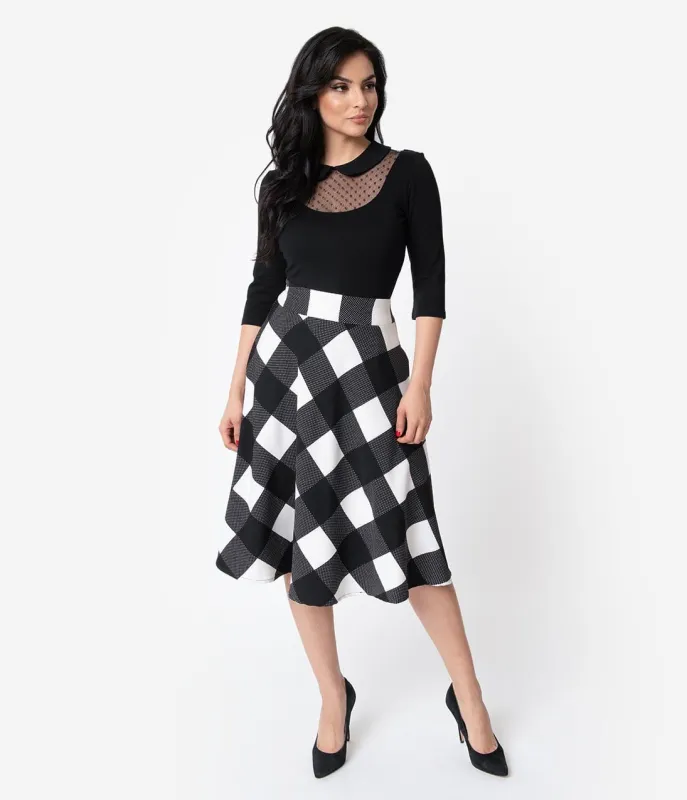 Unique Vintage Retro Black & Ivory Checkered High Waist Vivien Swing Skirt made by Unique Vintage