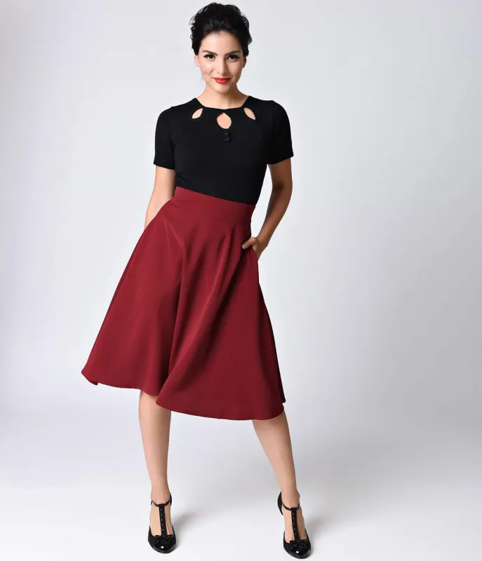 Unique Vintage Retro Style Burgundy High Waist Vivien Swing Skirt made by Unique Vintage