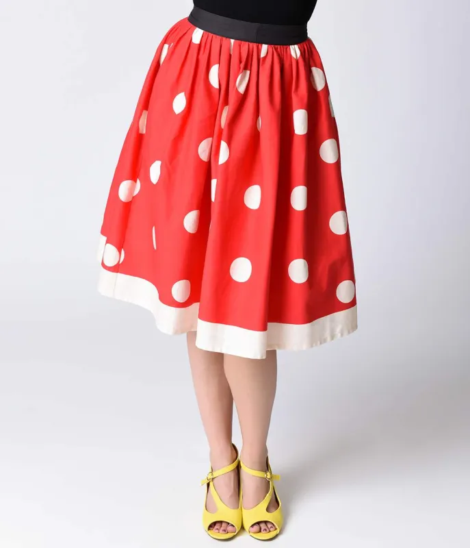 Unique Vintage 1950s Red & Ivory Polka Dot High Waist Circle Swing Skirt sold by Unique Vintage