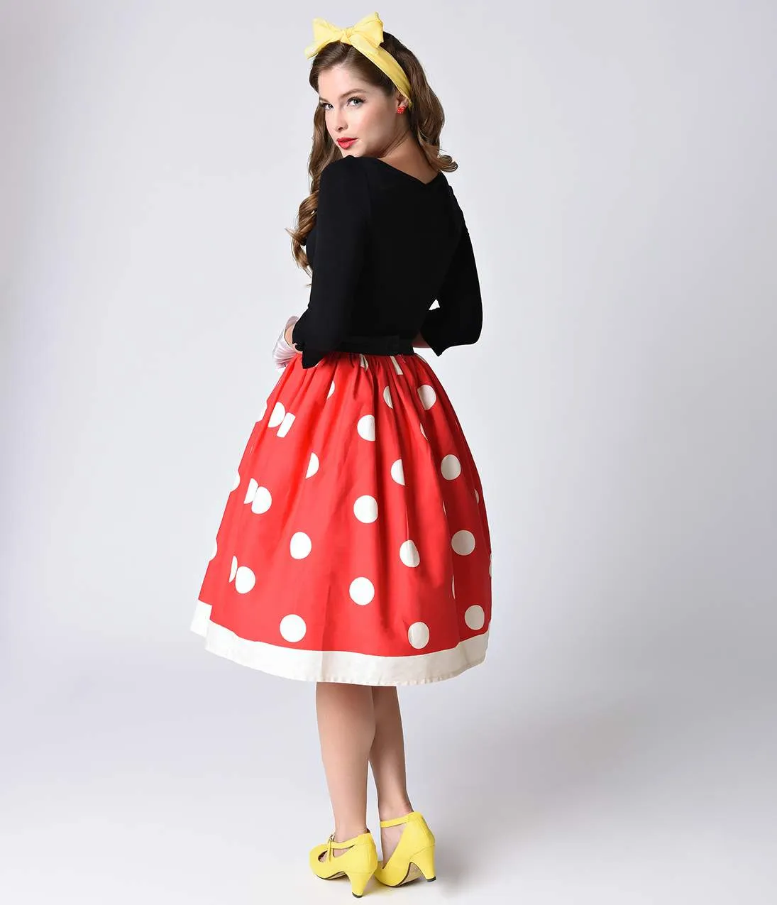 Unique Vintage 1950s Red & Ivory Polka Dot High Waist Circle Swing Skirt sold by Unique Vintage product image thumbnail 2