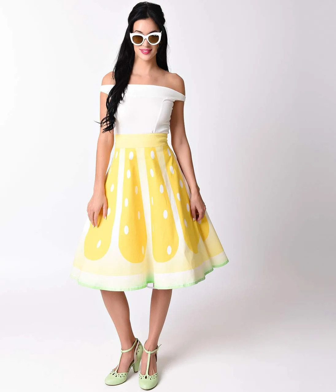 Unique Vintage 1950s High Waist Yellow Lemon Circle Swing Skirt sold by Unique Vintage product image thumbnail 5