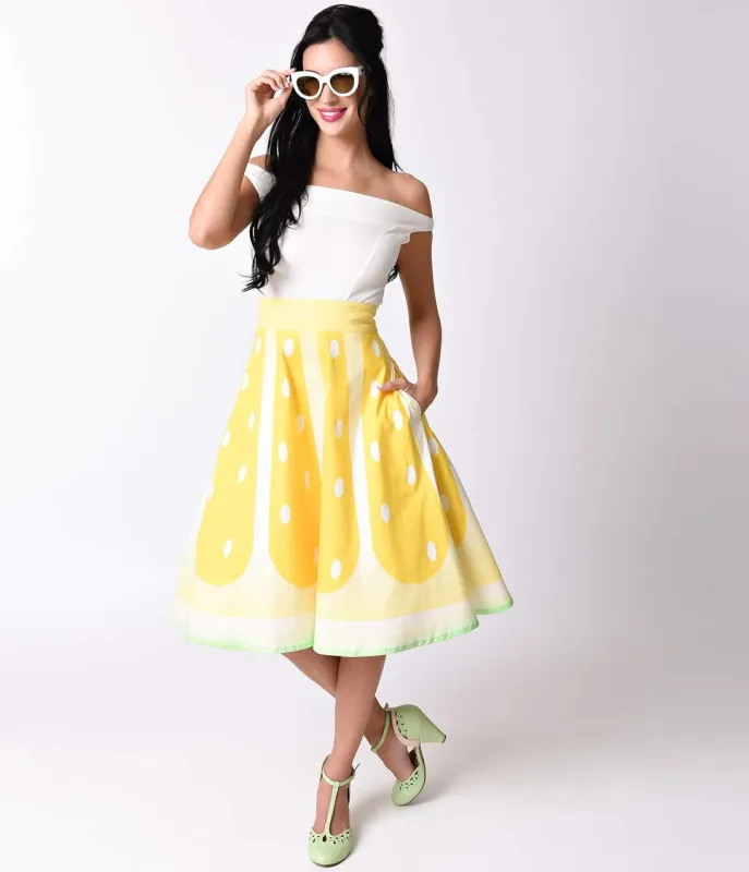 Unique Vintage 1950s High Waist Yellow Lemon Circle Swing Skirt sold by Unique Vintage