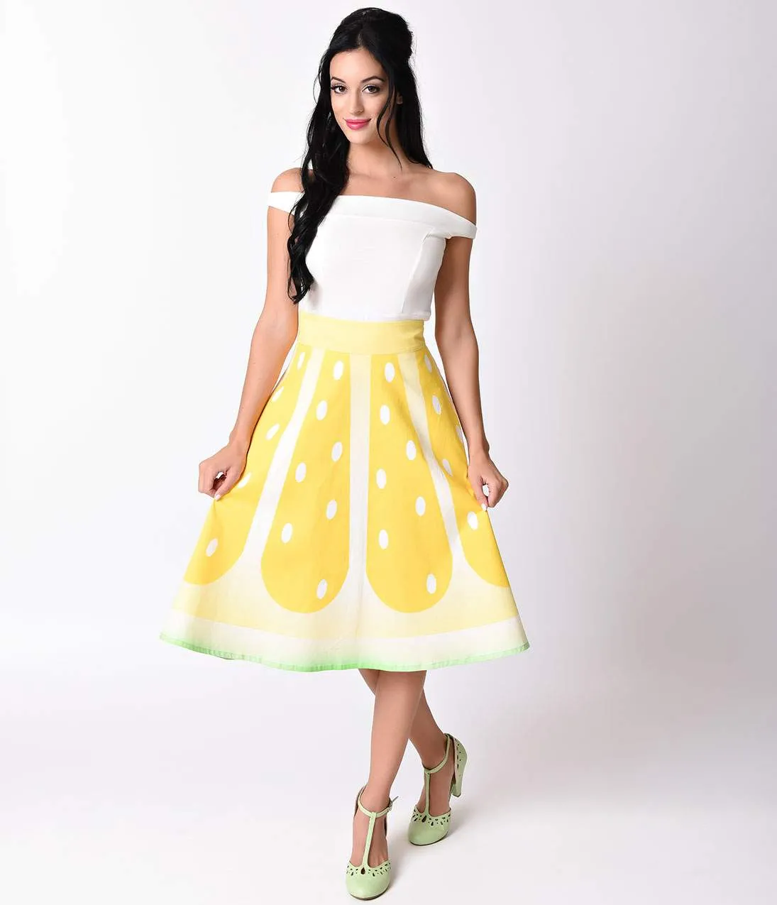 Unique Vintage 1950s High Waist Yellow Lemon Circle Swing Skirt sold by Unique Vintage product image thumbnail 4