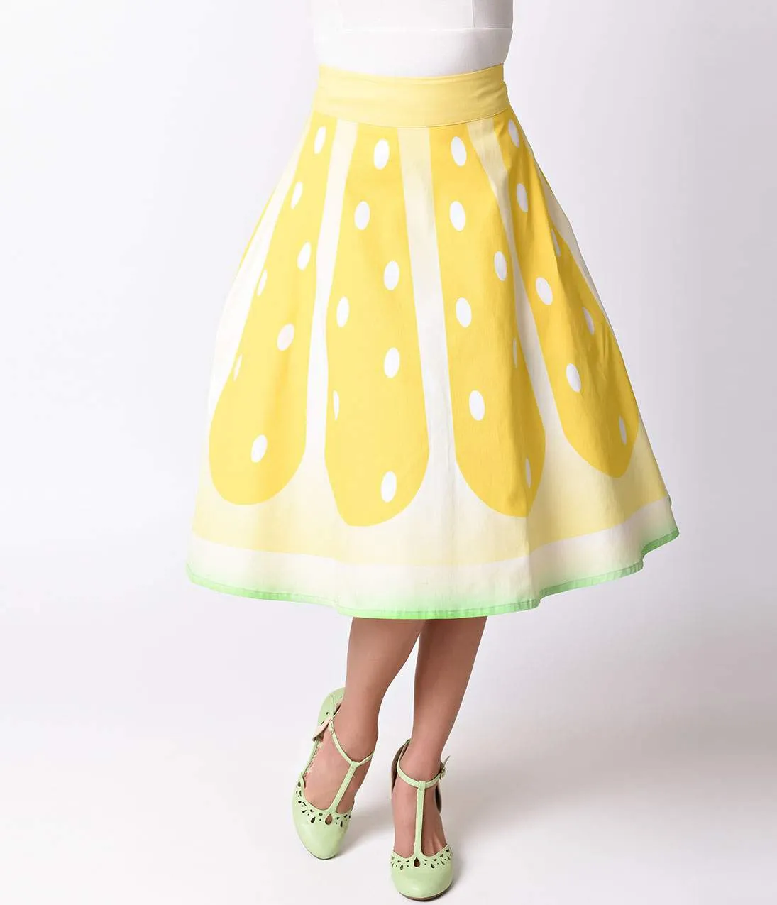 Unique Vintage 1950s High Waist Yellow Lemon Circle Swing Skirt sold by Unique Vintage product image thumbnail 2