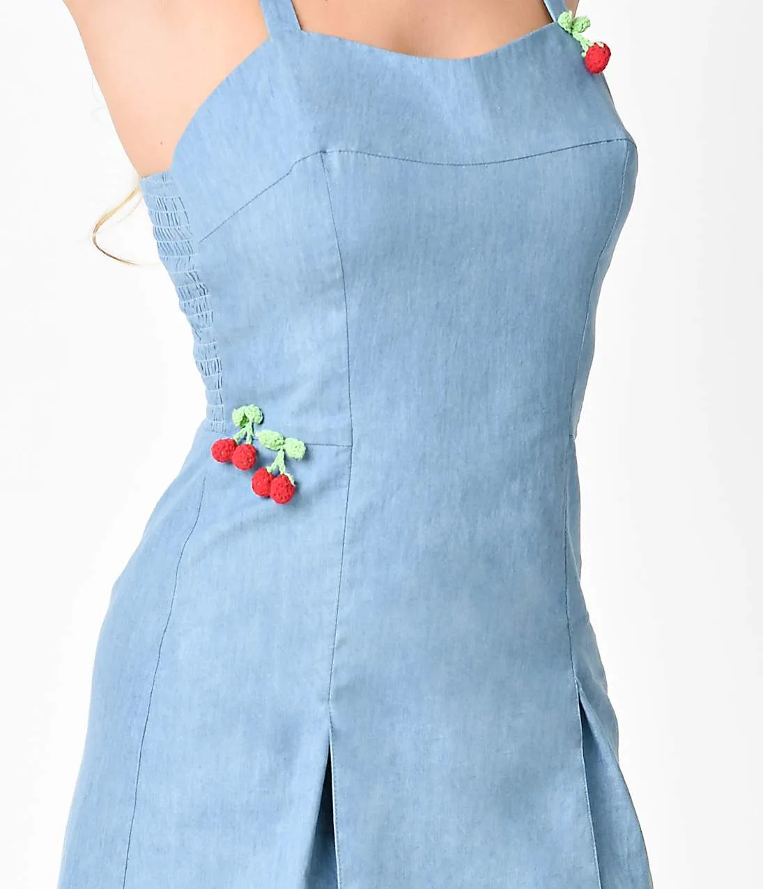 Unique Vintage 1950s Style Blue Chambray Denim Cherry Dolly Romper sold by Unique Vintage product image thumbnail 3