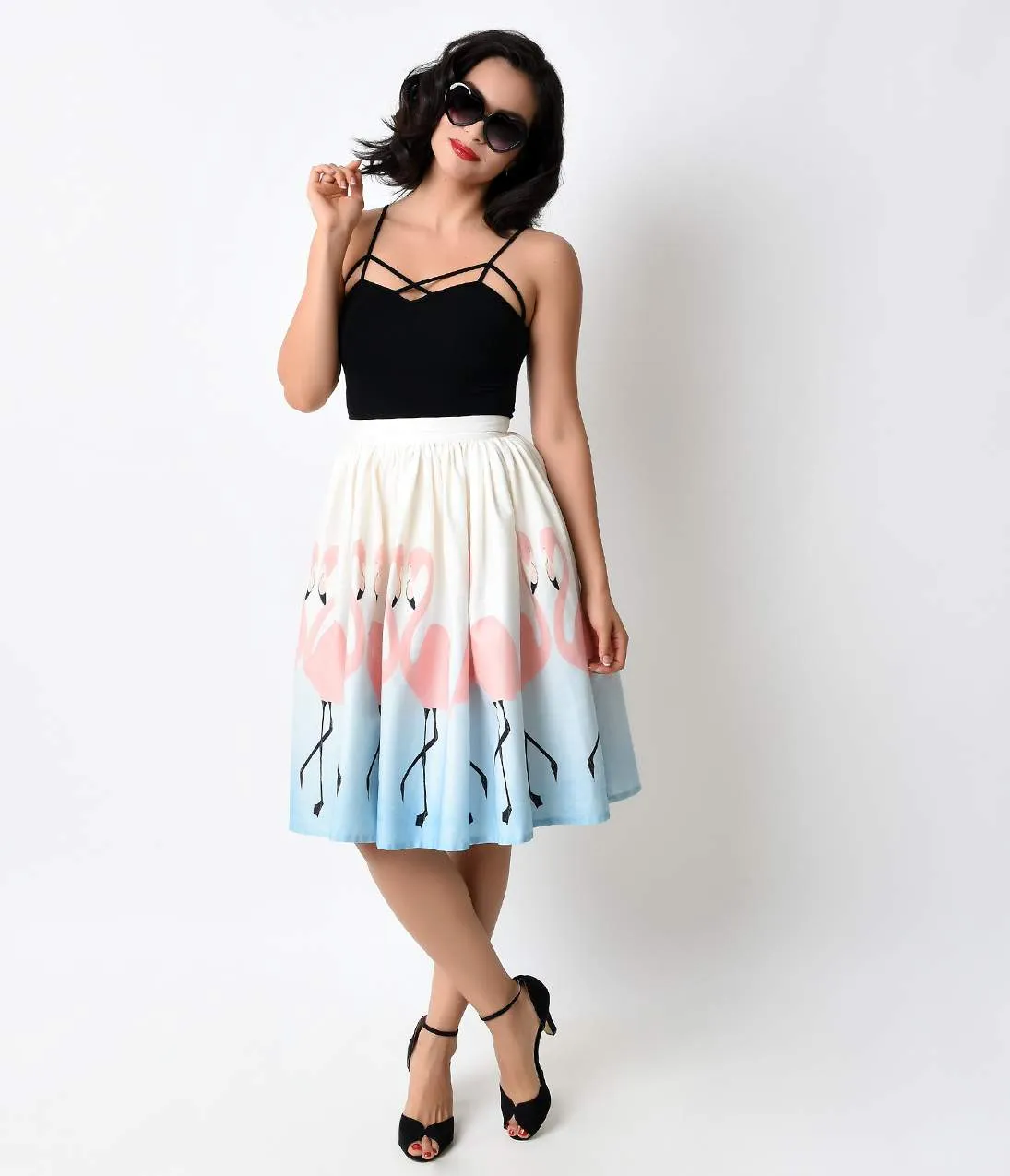 Unique Vintage 1950s High Waist Flamingo Circle Swing Skirt sold by Unique Vintage product image thumbnail 2