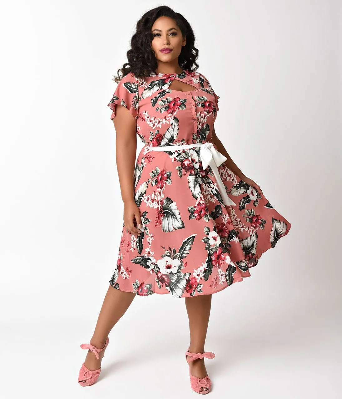 Unique Vintage Plus Size 1940s Rose Pink Hawaiian Florals Ashcroft Short Sleeve Swing Dress sold by Unique Vintage product image thumbnail 3