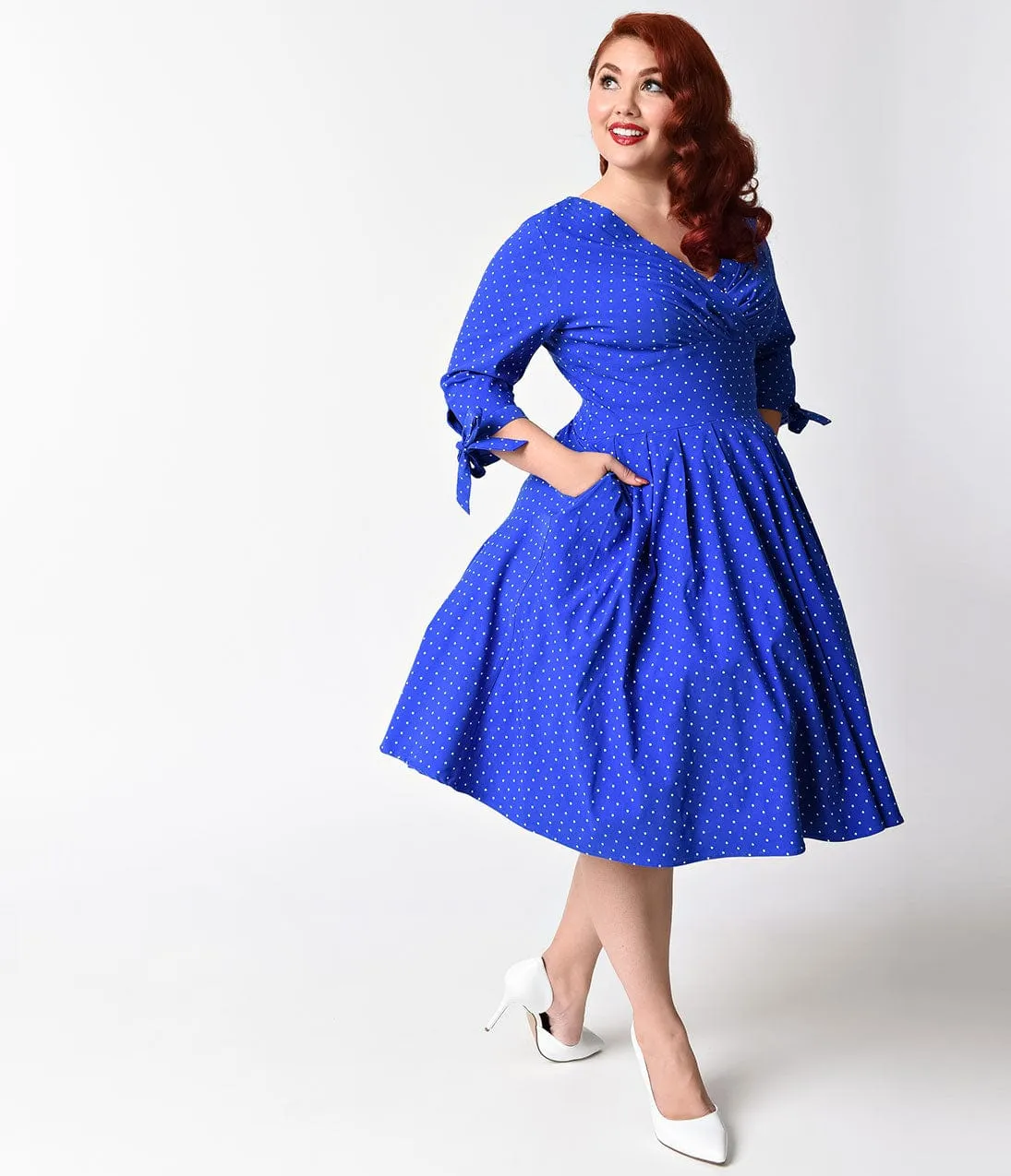 Unique Vintage Plus Size 1950s Royal Blue & White Pin Dot Diana Swing Dress sold by Unique Vintage product image thumbnail 3