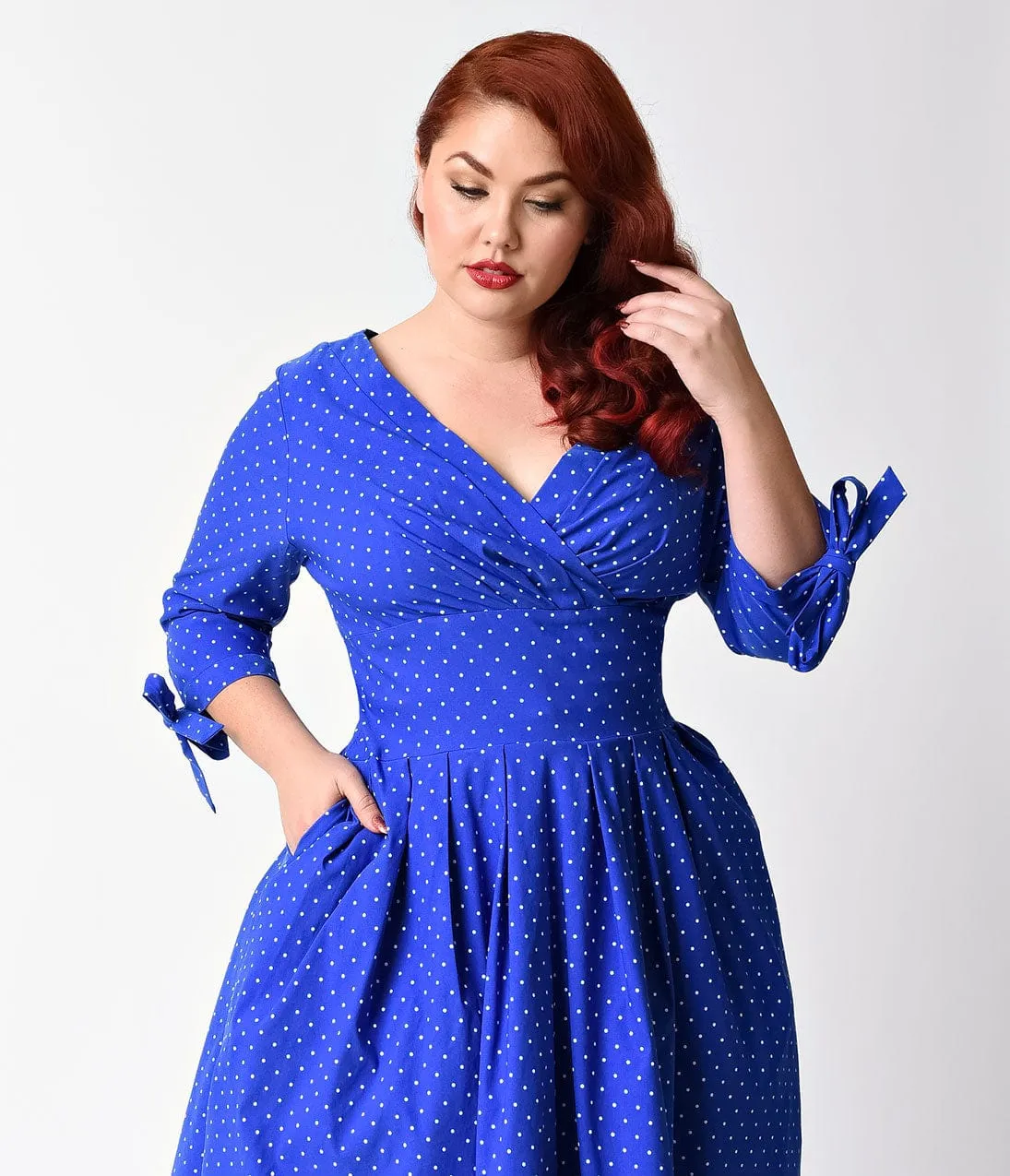 Unique Vintage Plus Size 1950s Royal Blue & White Pin Dot Diana Swing Dress sold by Unique Vintage product image thumbnail 4