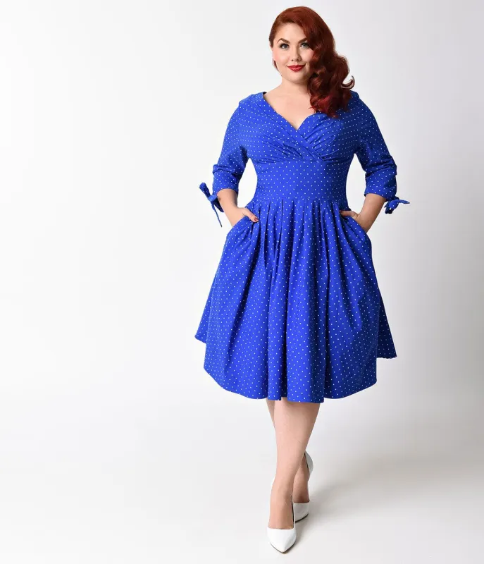 Unique Vintage Plus Size 1950s Royal Blue & White Pin Dot Diana Swing Dress sold by Unique Vintage