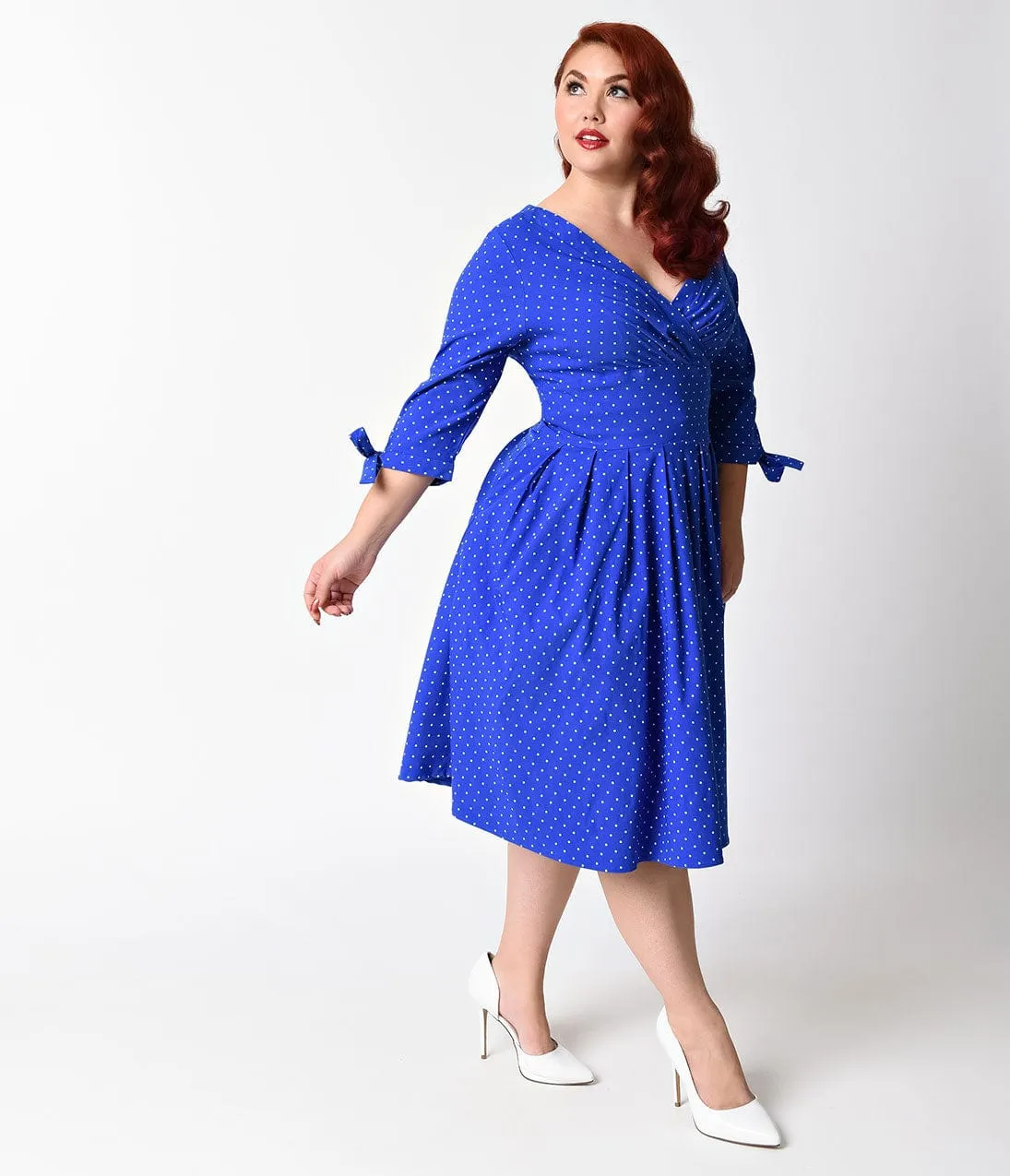 Unique Vintage Plus Size 1950s Royal Blue & White Pin Dot Diana Swing Dress sold by Unique Vintage product image thumbnail 5
