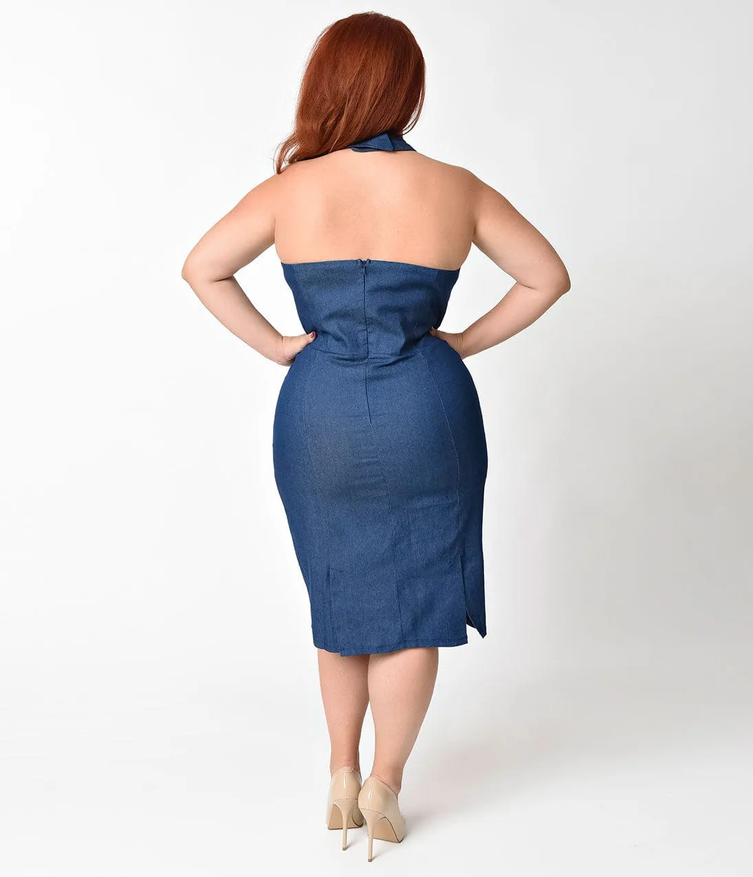 Unique Vintage Plus Size 1960s Denim Blue Criss Cross Halter Penelope Wiggle Dress sold by Unique Vintage product image thumbnail 5