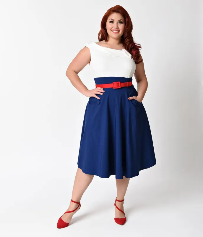Unique Vintage Plus Size 1950s Navy, White, & Red Colorblock Tippi Swing Dress made by Unique Vintage