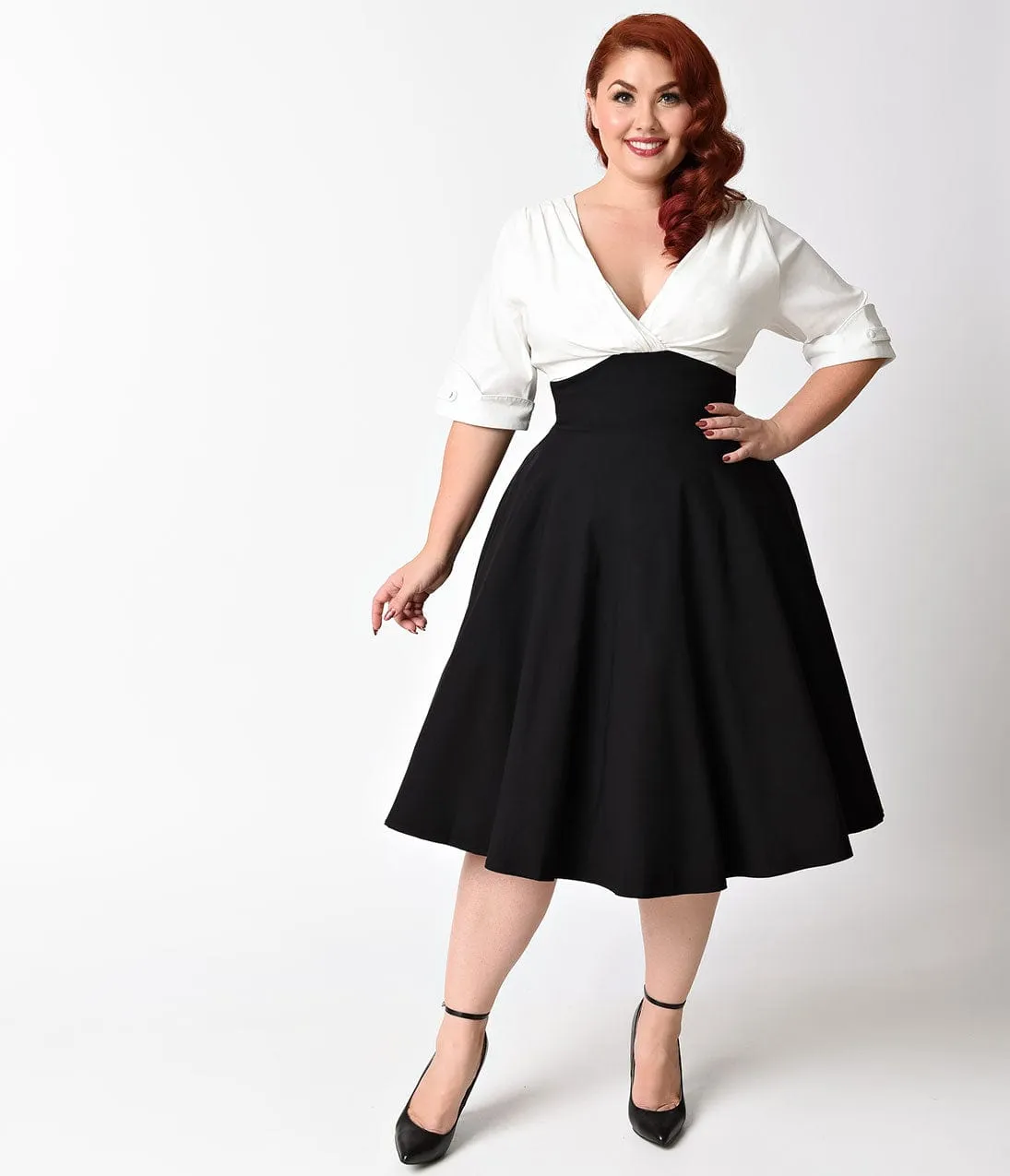 Unique Vintage Plus Size 1950s Black & White Delores Swing Dress with Sleeves sold by Unique Vintage