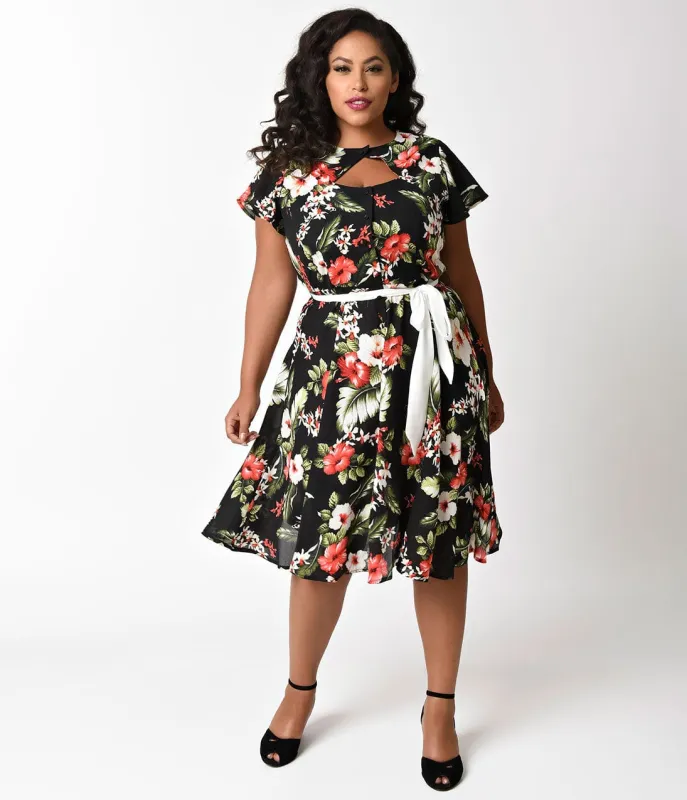 Unique Vintage Plus Size 1940s Black Hawaiian Florals Ashcroft Short Sleeve Swing Dress made by Unique Vintage