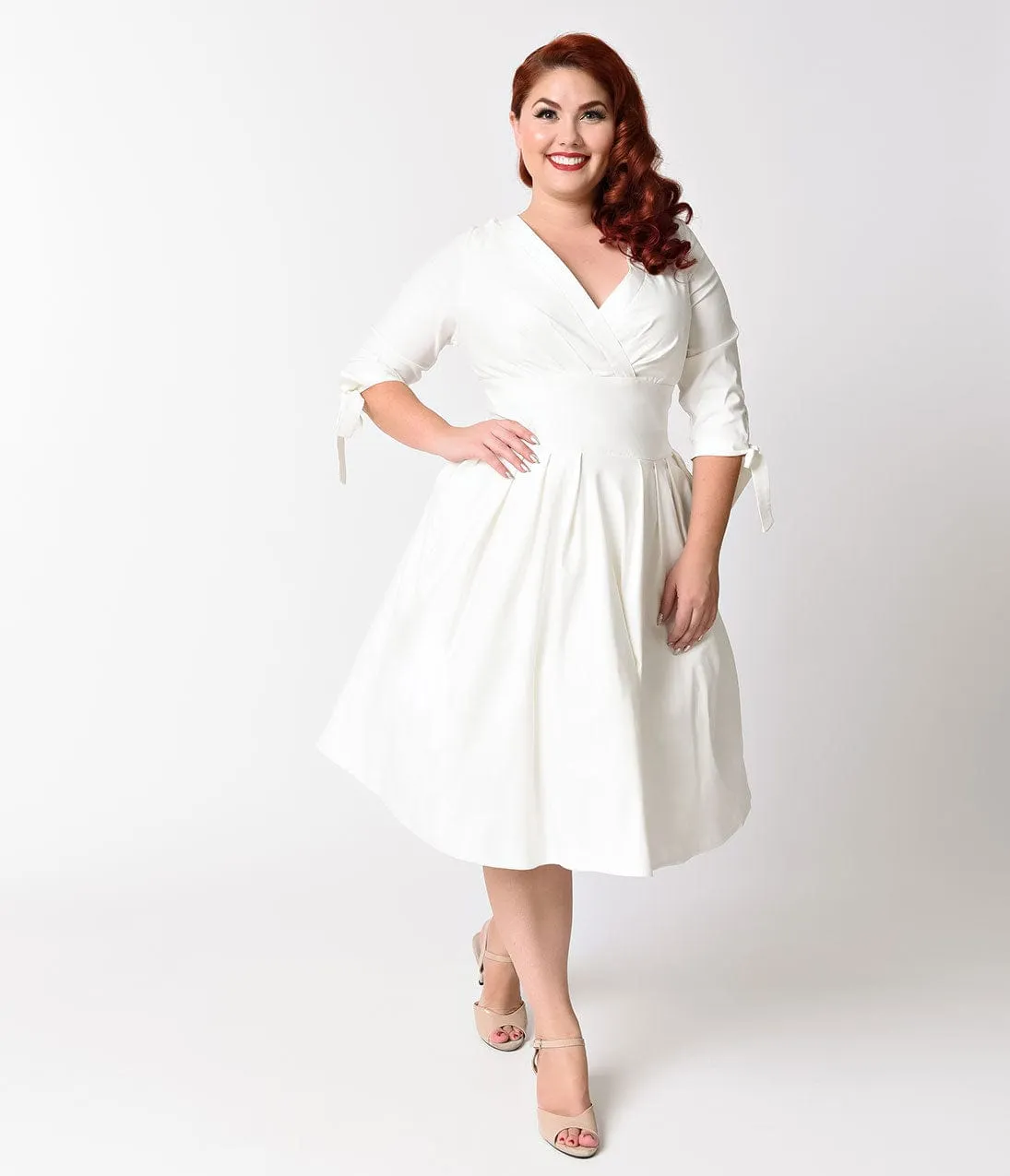 Unique Vintage Plus Size 1950s Style White Three-Quarter Sleeve Diana Swing Dress sold by Unique Vintage