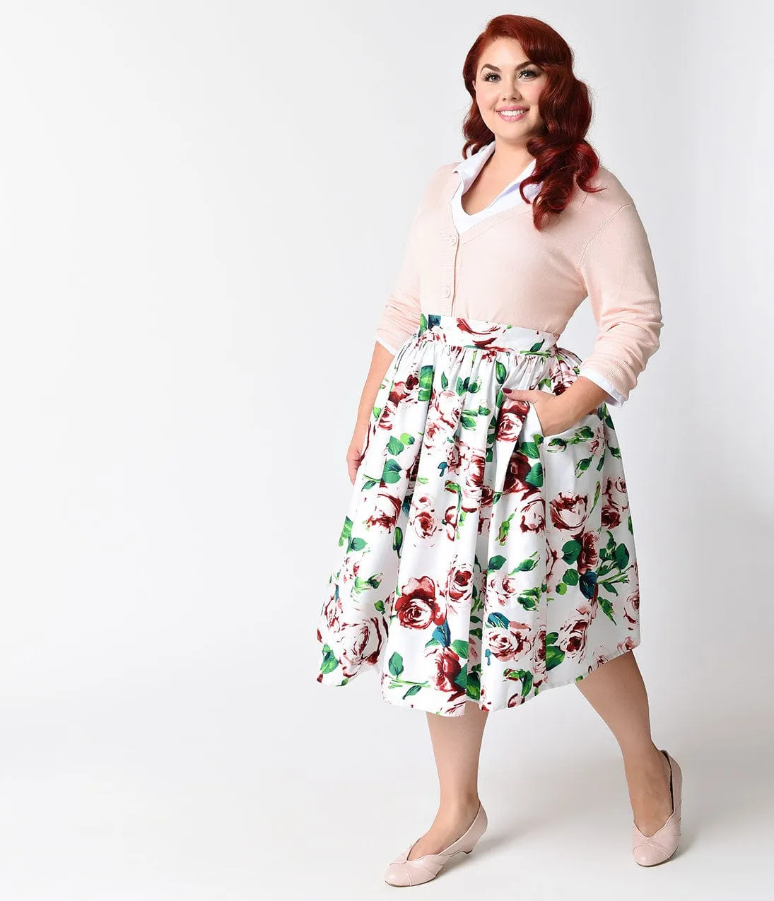 Unique Vintage Plus Size White & Pink Rose Floral High Waist Swing Skirt sold by Unique Vintage product image thumbnail 3