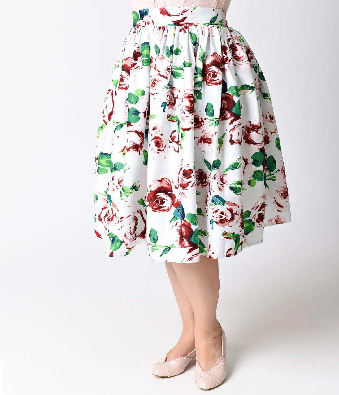 Unique Vintage Plus Size White & Pink Rose Floral High Waist Swing Skirt sold by Unique Vintage product image thumbnail 4
