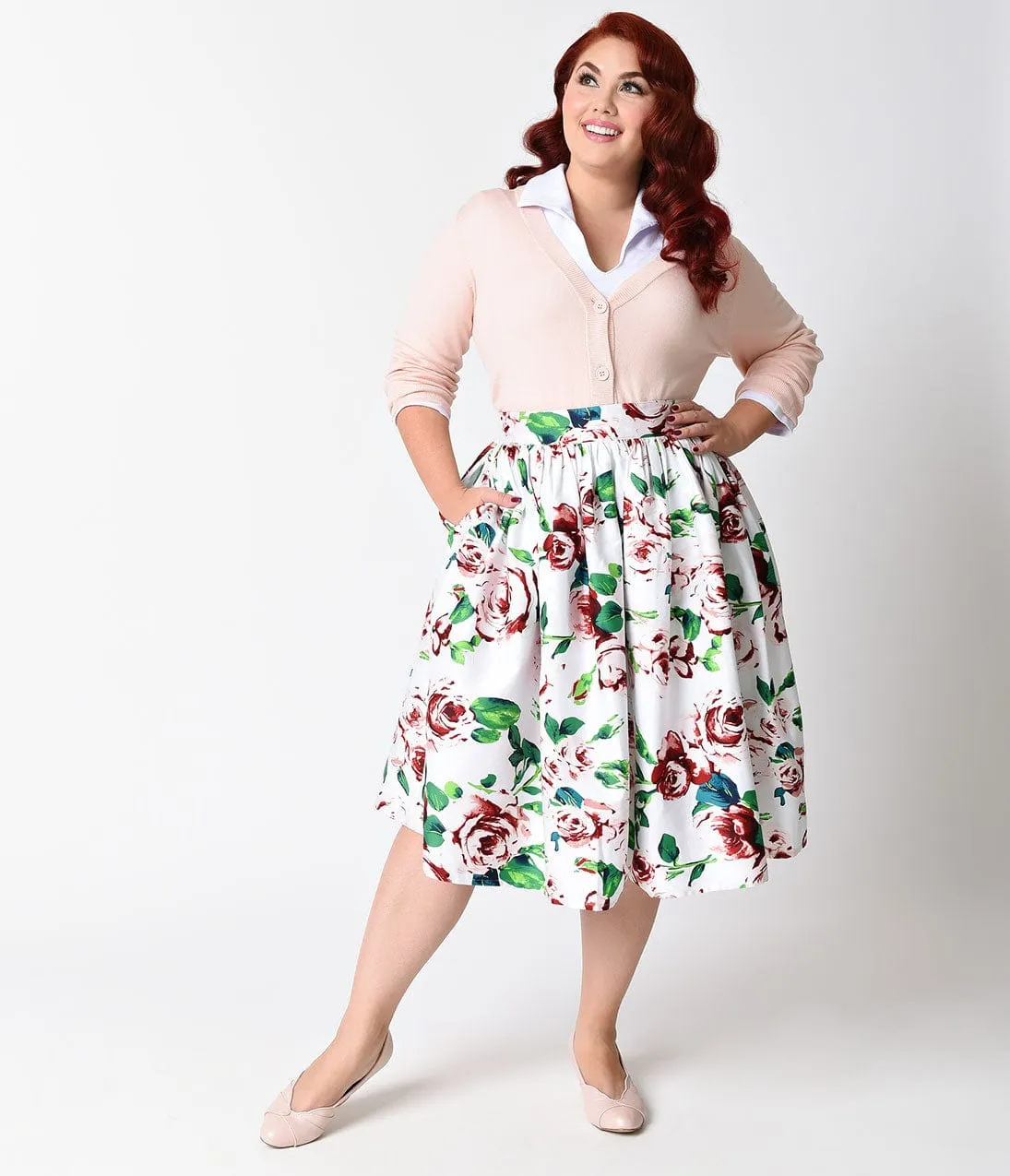 Unique Vintage Plus Size White & Pink Rose Floral High Waist Swing Skirt sold by Unique Vintage