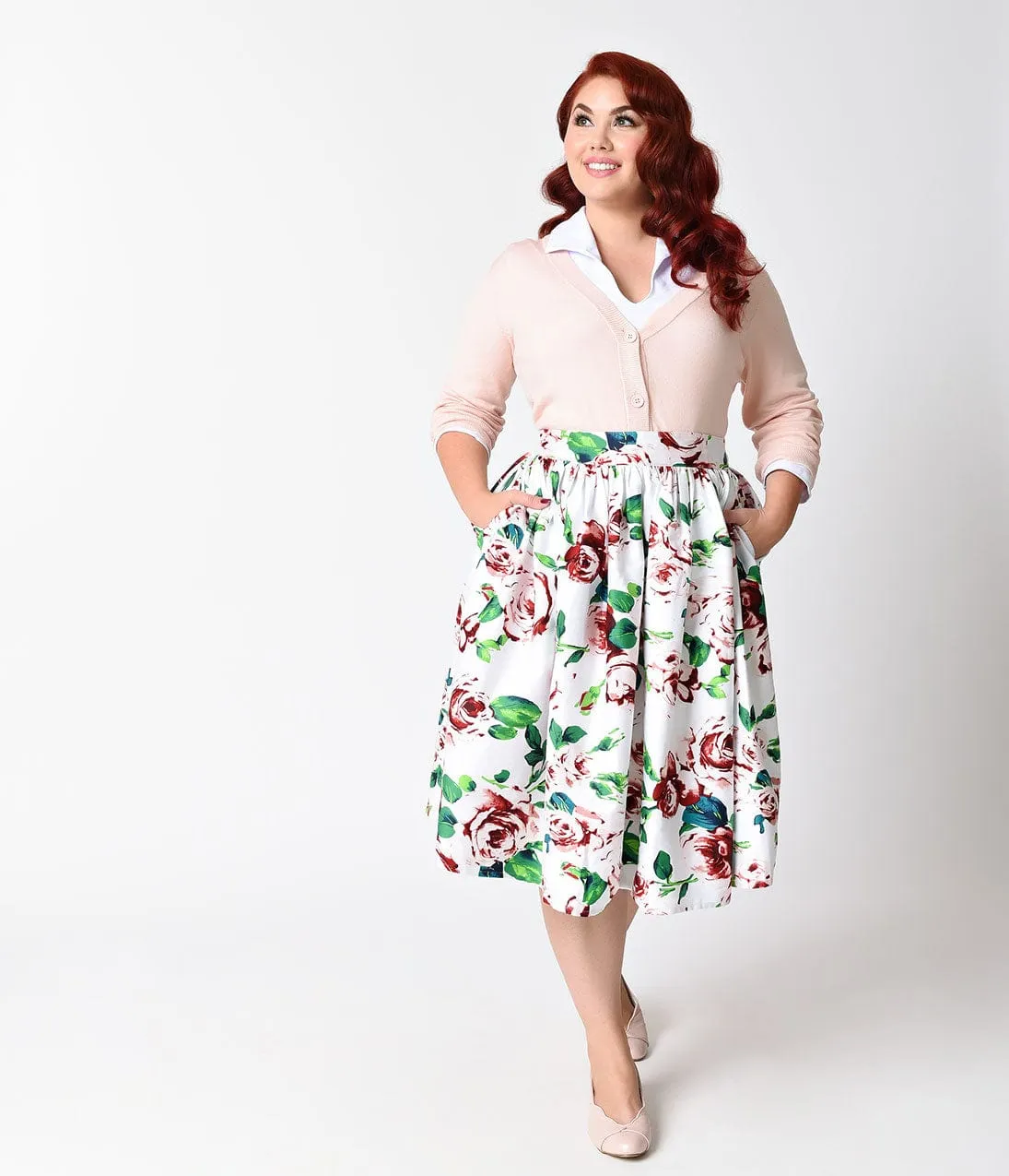 Unique Vintage Plus Size White & Pink Rose Floral High Waist Swing Skirt sold by Unique Vintage product image thumbnail 5