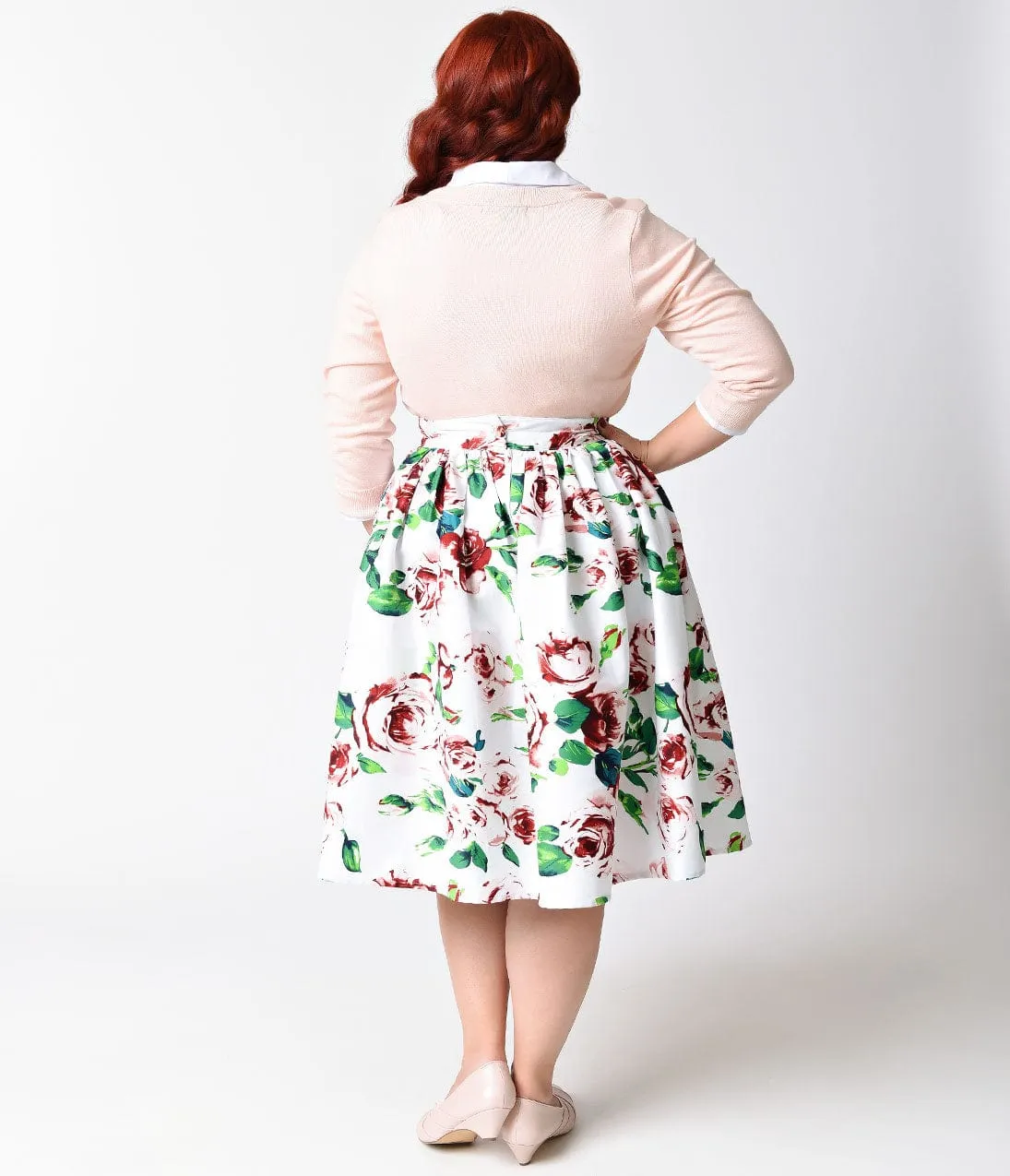 Unique Vintage Plus Size White & Pink Rose Floral High Waist Swing Skirt sold by Unique Vintage product image thumbnail 2