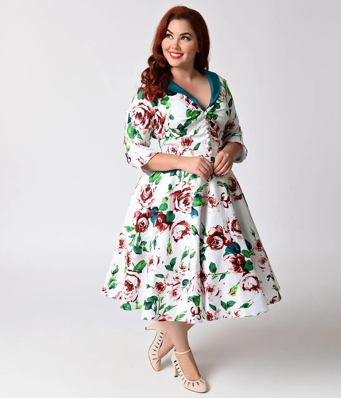 Unique Vintage Plus Size 1950s White & Floral Sleeved Eva Marie Swing Dress sold by Unique Vintage product image thumbnail 5