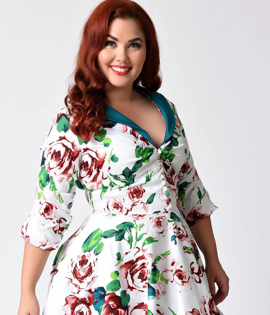 Unique Vintage Plus Size 1950s White & Floral Sleeved Eva Marie Swing Dress sold by Unique Vintage product image thumbnail 3