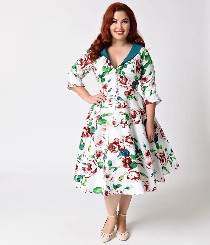 Unique Vintage Plus Size 1950s White & Floral Sleeved Eva Marie Swing Dress sold by Unique Vintage