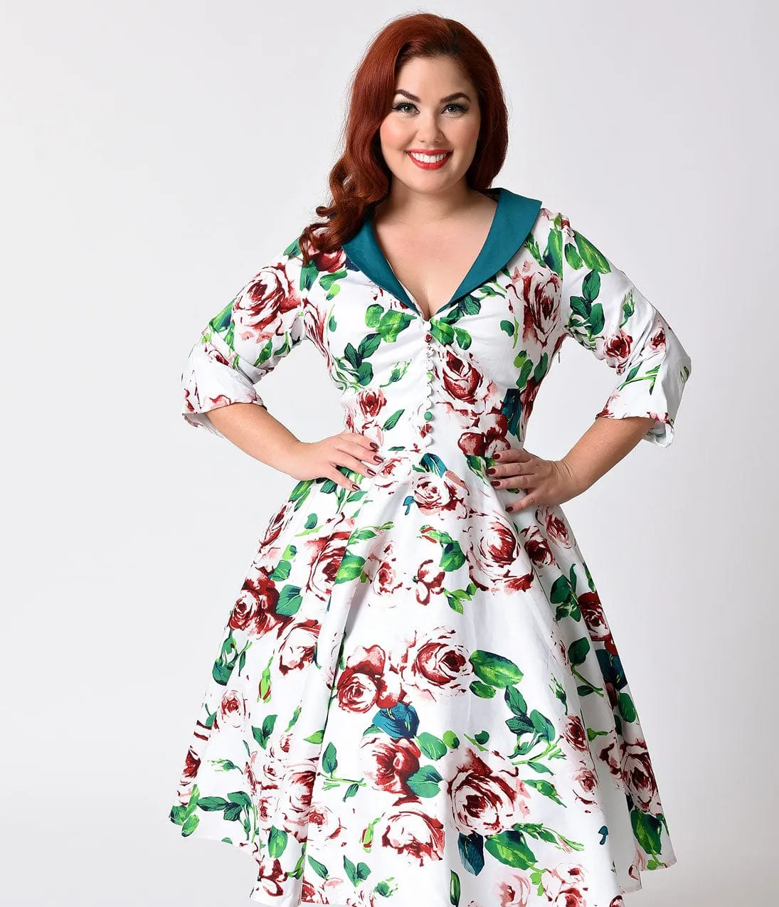 Unique Vintage Plus Size 1950s White & Floral Sleeved Eva Marie Swing Dress sold by Unique Vintage product image thumbnail 4