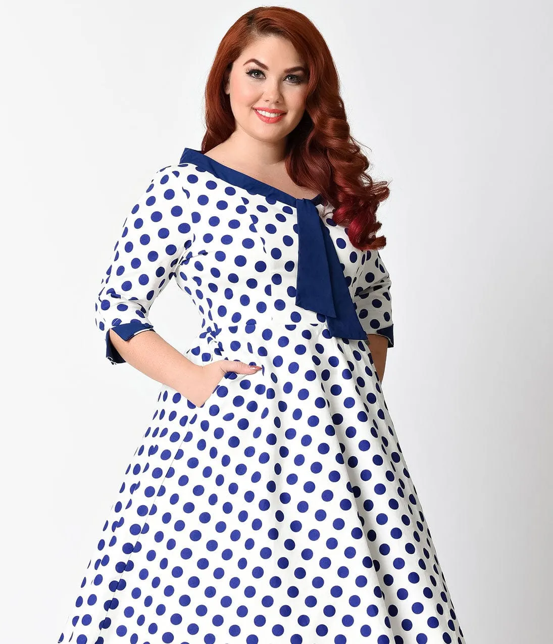 Unique Vintage Plus Size 1950s White & Royal Dotted Desi Swing Dress sold by Unique Vintage product image thumbnail 3
