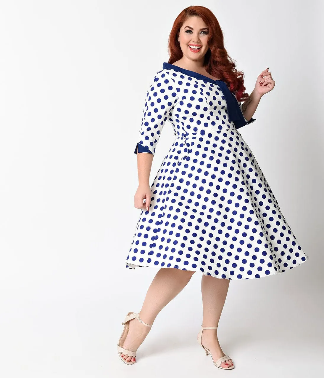 Unique Vintage Plus Size 1950s White & Royal Dotted Desi Swing Dress sold by Unique Vintage product image thumbnail 4